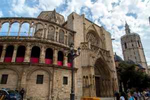 View of St. Mary's Cathedral in Valencia, Spain from the Plaza de la Virgen
